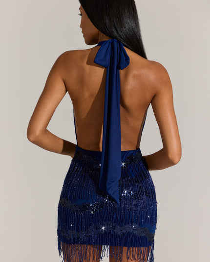 Cobalt Blue Fringed Skirt Halterneck Mini Dress
