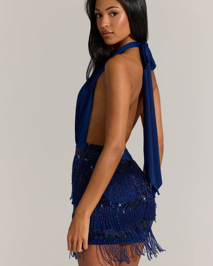 Cobalt Blue Fringed Skirt Halterneck Mini Dress