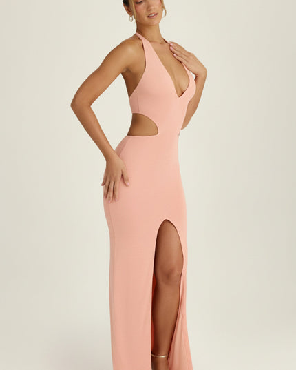 Apricot Pink Cut-Out Halterneck Maxi Dress