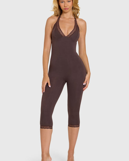 Chocolate Modal Lace-Trim Capri Jumpsuit