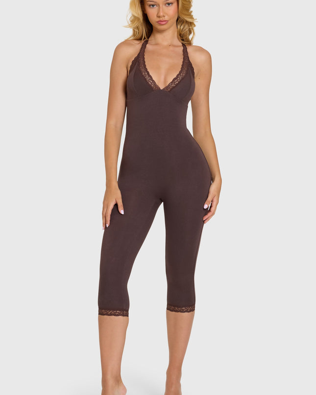 Chocolate Modal Lace-Trim Capri Jumpsuit