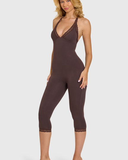 Chocolate Modal Lace-Trim Capri Jumpsuit