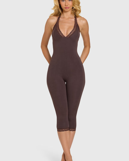 Chocolate Modal Lace-Trim Capri Jumpsuit