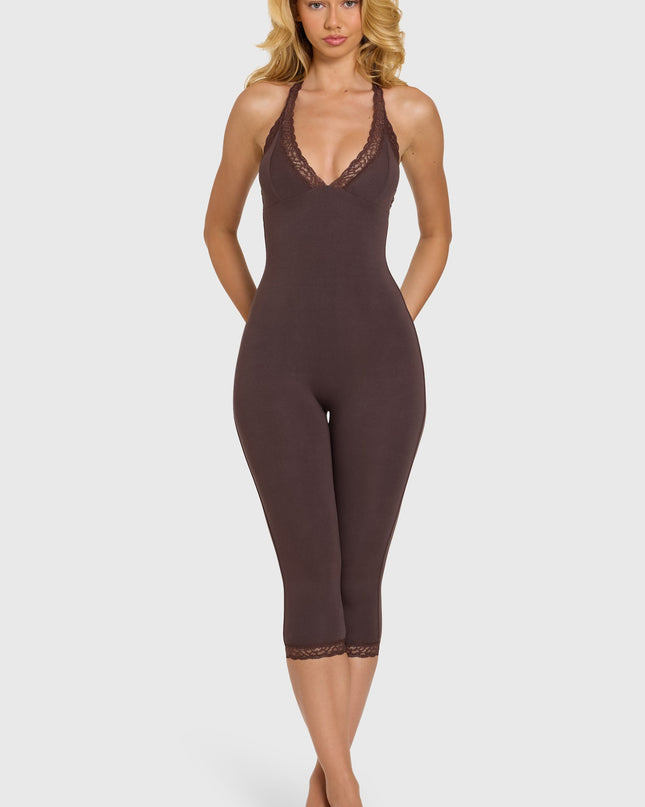 Chocolate Modal Lace-Trim Capri Jumpsuit