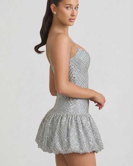 Silver Embellished Bubble Hem Mini Dress