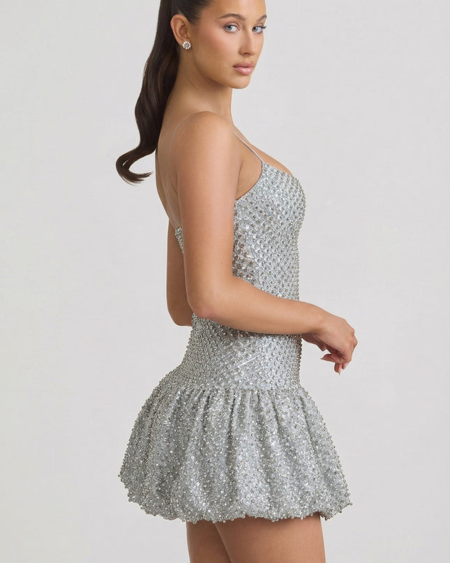 Silver Embellished Bubble Hem Mini Dress