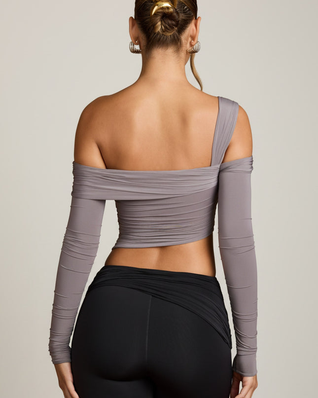 Steel Grey Asymmetric Off-Shoulder Draped Top