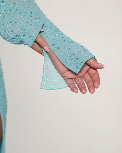 Aquamarine Embellished Cowl Neck Maxi Dress
