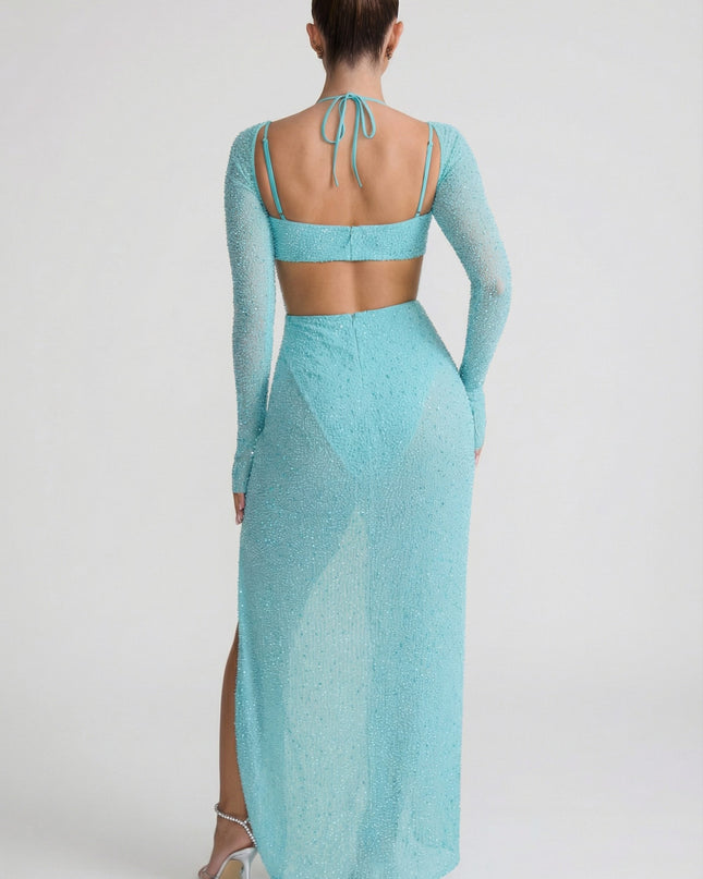 Aquamarine Embellished Cowl Neck Maxi Dress