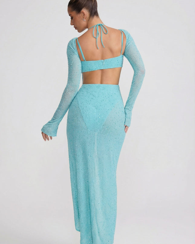 Aquamarine Embellished Cowl Neck Maxi Dress