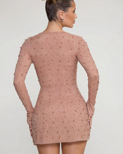 Beige Embellished Wrap Over A-Line Mini Dress