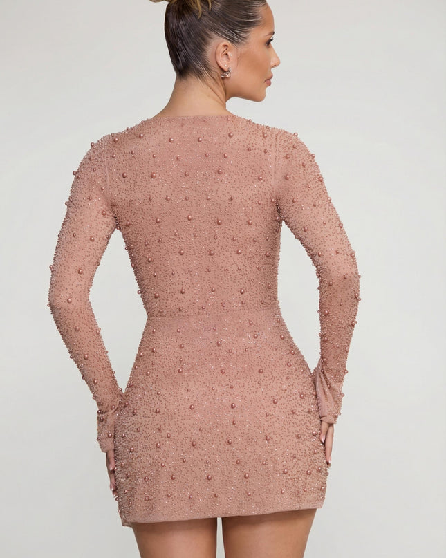 Beige Embellished Wrap Over A-Line Mini Dress