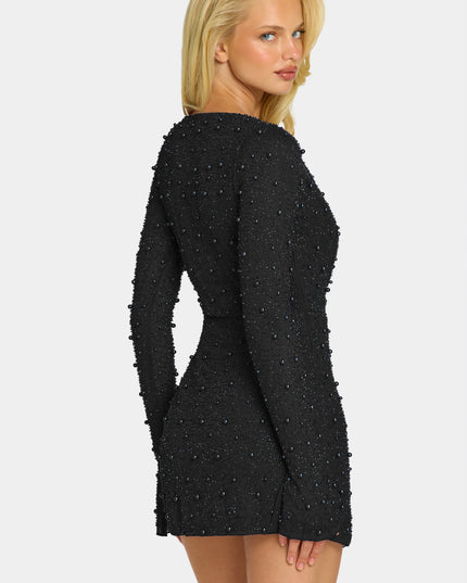 Black Embellished Wrap Over A-Line Mini Dress