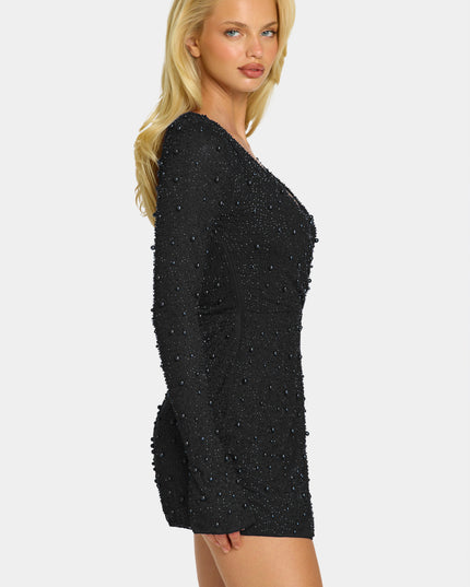 Black Embellished Wrap Over A-Line Mini Dress