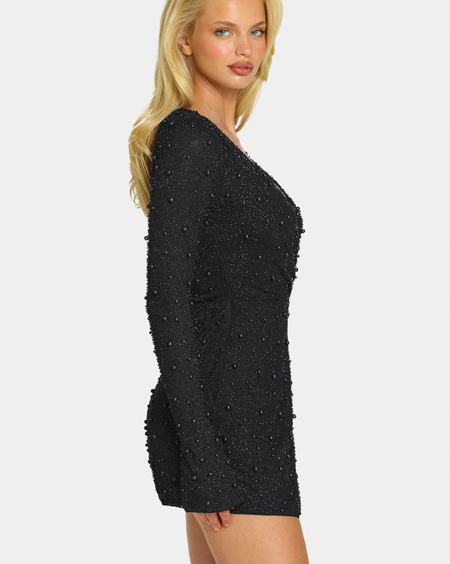Black Embellished Wrap Over A-Line Mini Dress