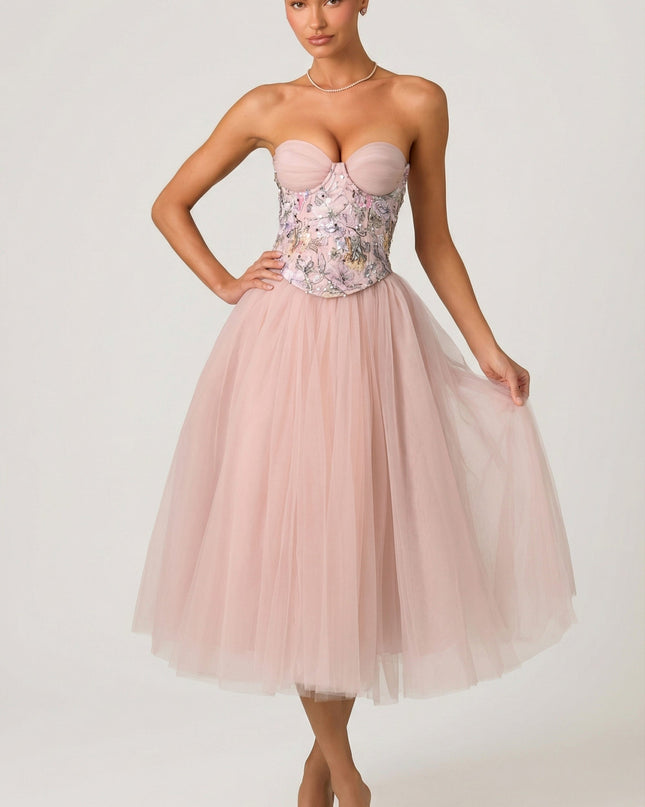 Dusty Rose Tulle Corset Midaxi Dress
