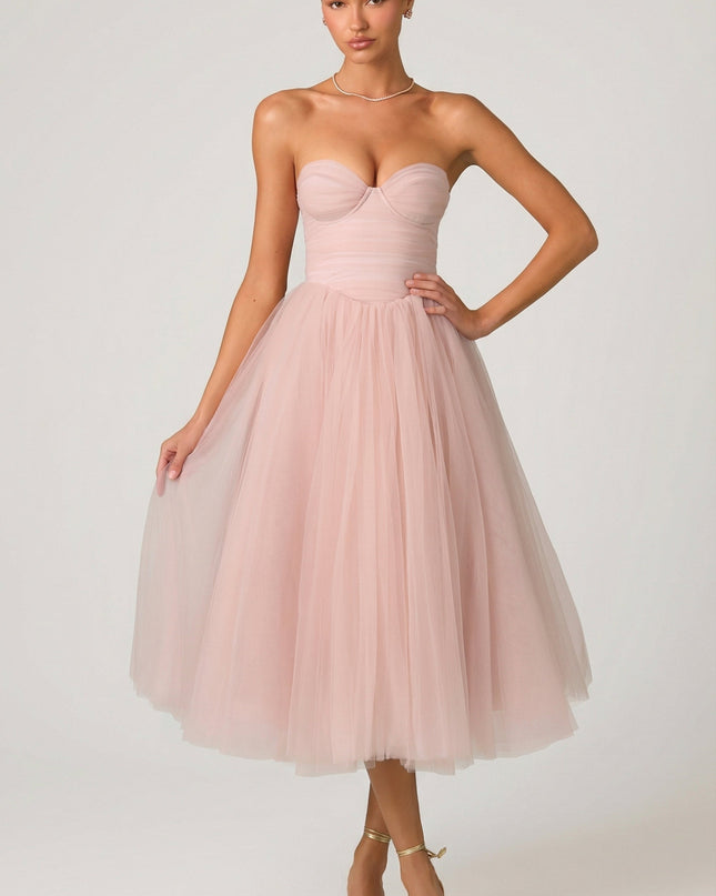 Dusty Rose Tulle Corset Midaxi Dress