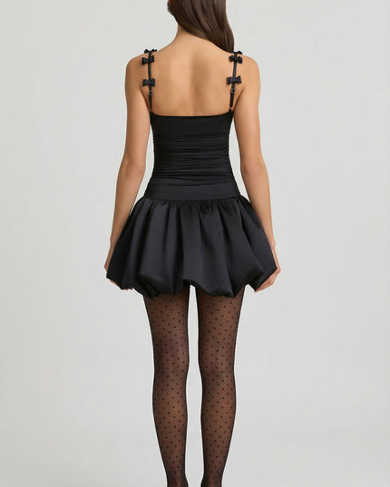 Black Bow-Detail Ruched Bubble Hem Mini Dress