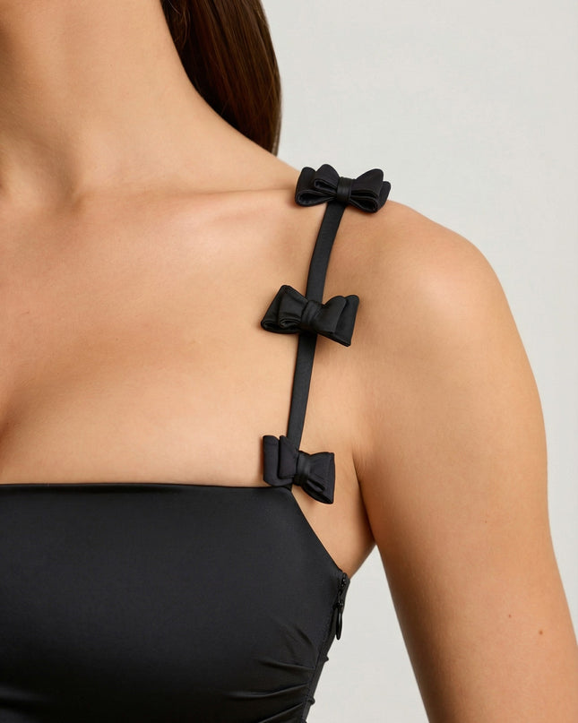 Black Bow-Detail Ruched Bubble Hem Mini Dress