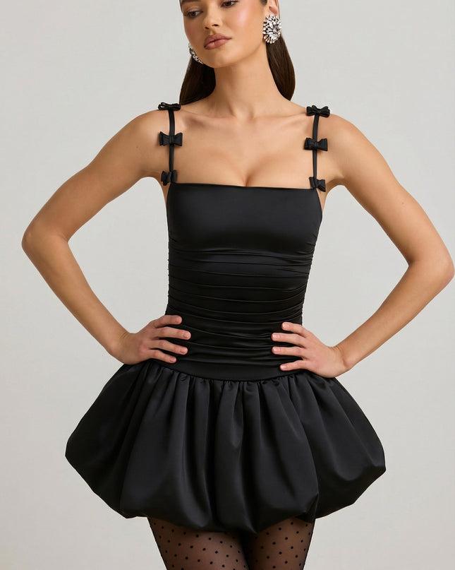 Black Bow-Detail Ruched Bubble Hem Mini Dress