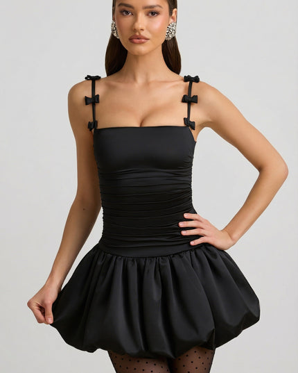 Black Bow-Detail Ruched Bubble Hem Mini Dress