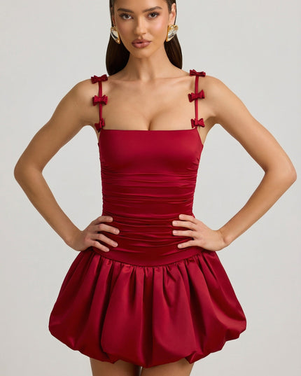 True Red Bow-Detail Ruched Bubble Hem Mini Dress
