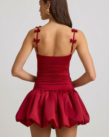 True Red Bow-Detail Ruched Bubble Hem Mini Dress