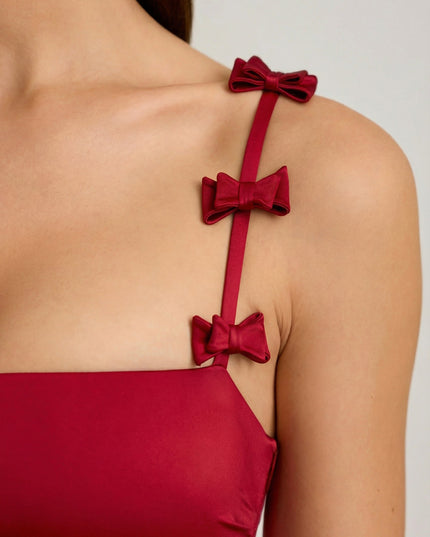 True Red Bow-Detail Ruched Bubble Hem Mini Dress