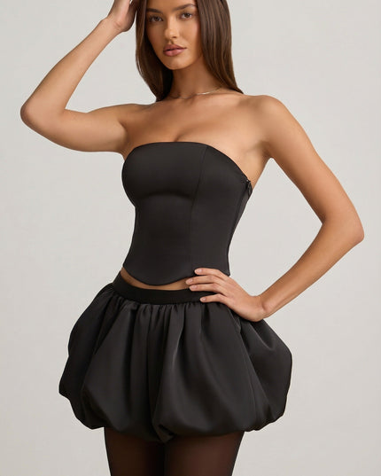 Black Bubble Hem Mid-Rise Mini Skirt