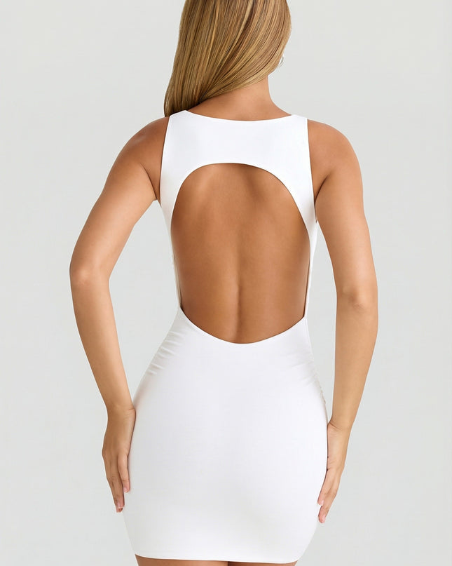 White Modal High-Neck Open-Back Mini Dress