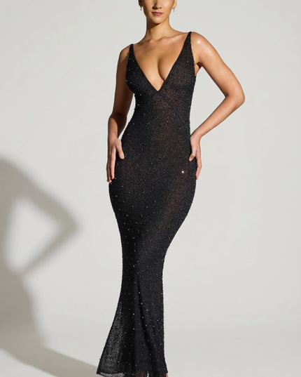 Black Embellished Plunge Neck Evening Gown