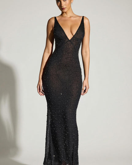 Black Embellished Plunge Neck Evening Gown