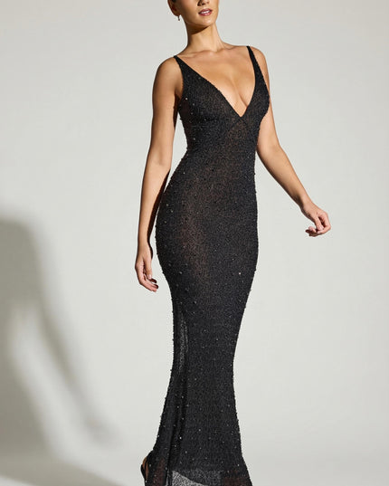 Black Embellished Plunge Neck Evening Gown