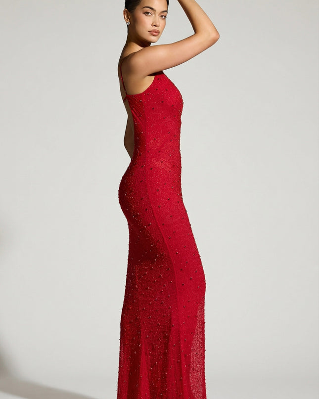 Red Embellished Plunge Neck Evening Gown