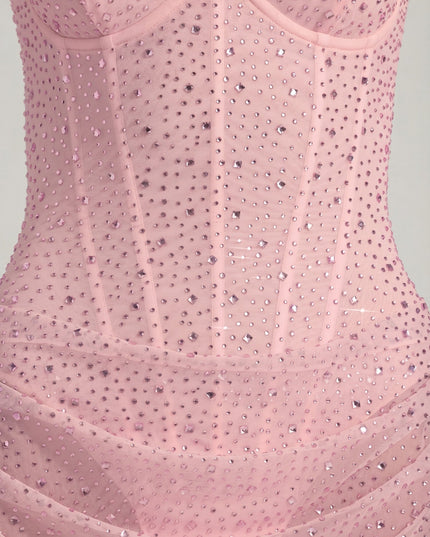 Pink Semi-Sheer Embellished Draped Corset Mini Dress