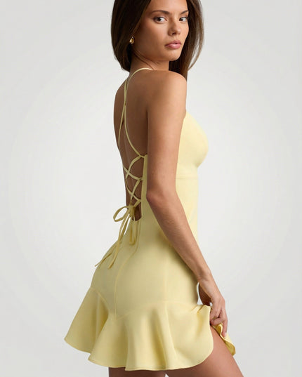 Yellow Drop-Waist Lace-Up Mini Dress