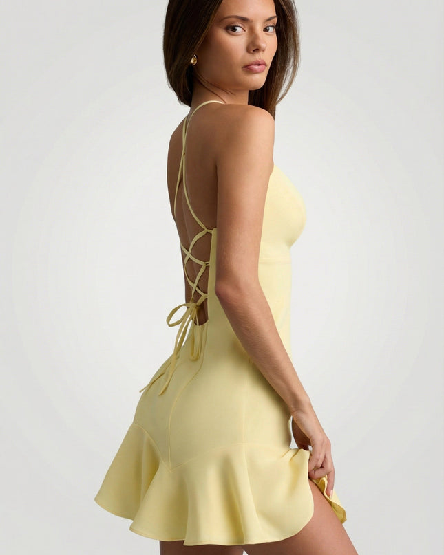 Yellow Drop-Waist Lace-Up Mini Dress