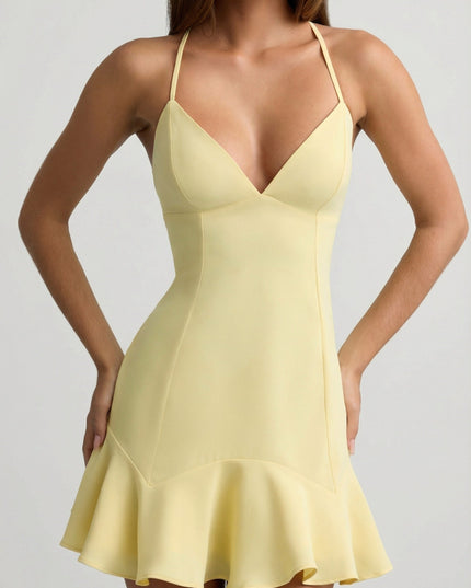 Yellow Drop-Waist Lace-Up Mini Dress