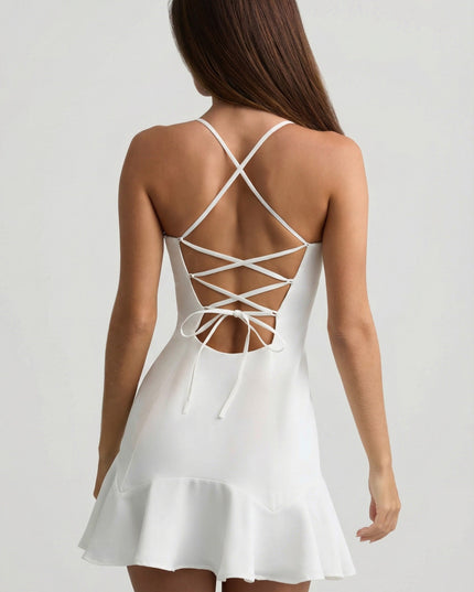 White Drop-Waist Lace-Up Mini Dress