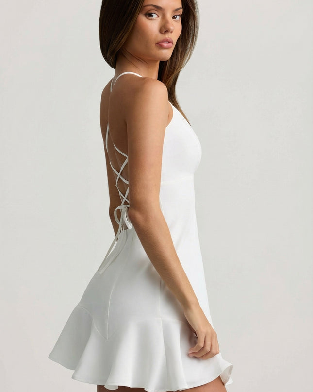 White Drop-Waist Lace-Up Mini Dress