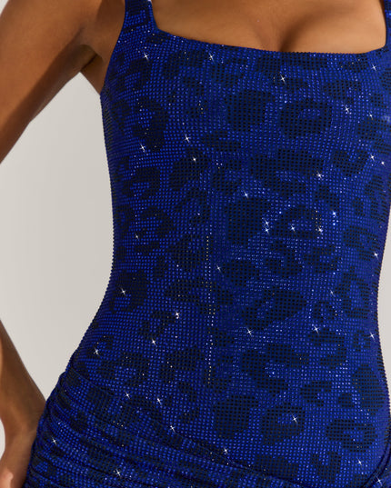 Cobalt Blue Embellished Square-Neck Mini Dress
