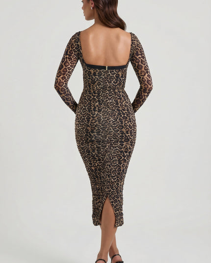 Leopard Print Layered Bra-Detail Ruched Midaxi Dress