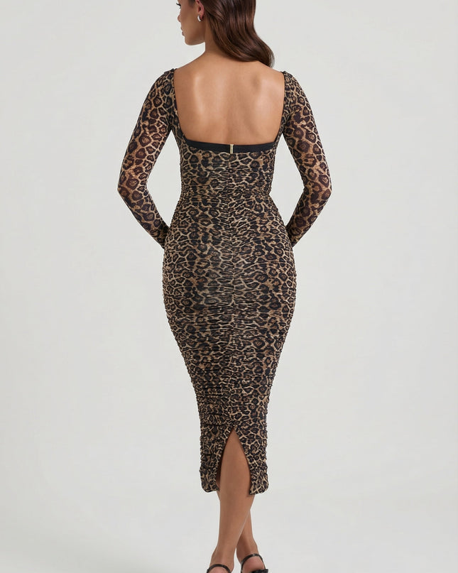 Leopard Print Layered Bra-Detail Ruched Midaxi Dress