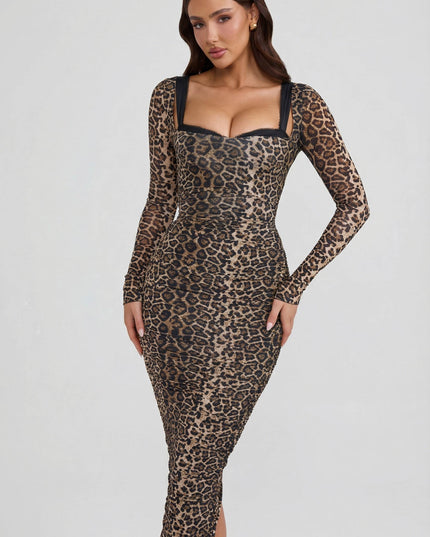 Leopard Print Layered Bra-Detail Ruched Midaxi Dress