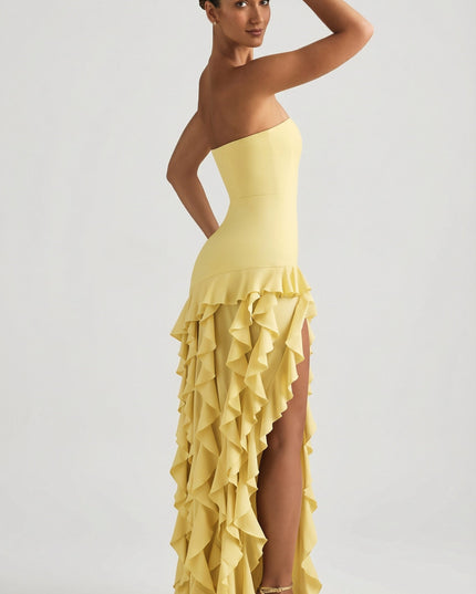 Daffodil Ruffle-Trim Strapless Gown