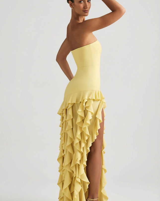 Daffodil Ruffle-Trim Strapless Gown