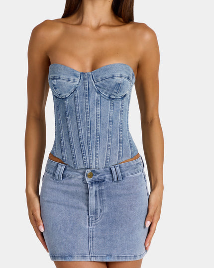 Mid-Blue Low-Rise Denim Mini Skirt