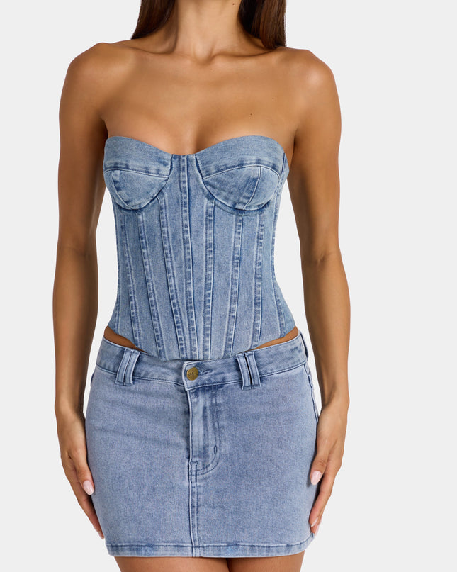 Mid-Blue Low-Rise Denim Mini Skirt