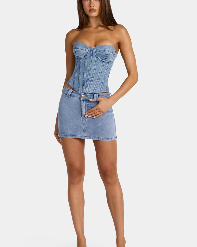 Mid-Blue Low-Rise Denim Mini Skirt