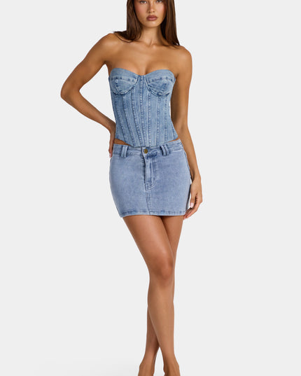 Mid-Blue Low-Rise Denim Mini Skirt